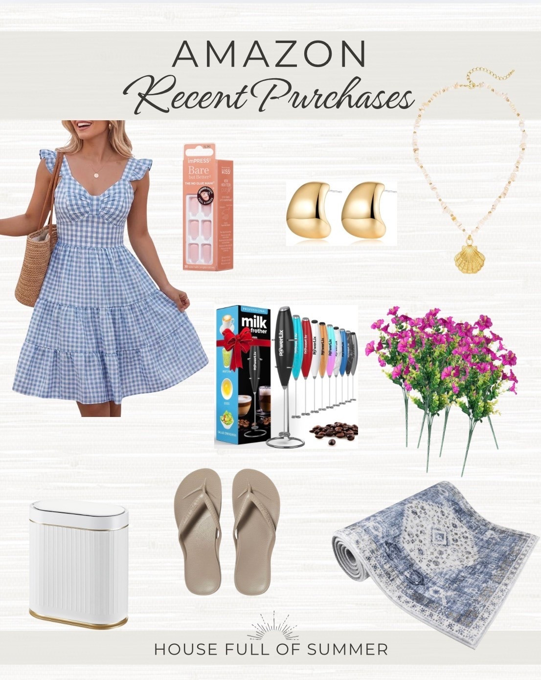 What I ordered from Amazon on recently 
Plaid summer dress 
Archie’s flip flops 
Washable rug runner 
Touchless trash can 
Earrings 
Beachy necklace 
Nails 
Faux flowers

#LTKHome #LTKSaleAlert #LTKTall