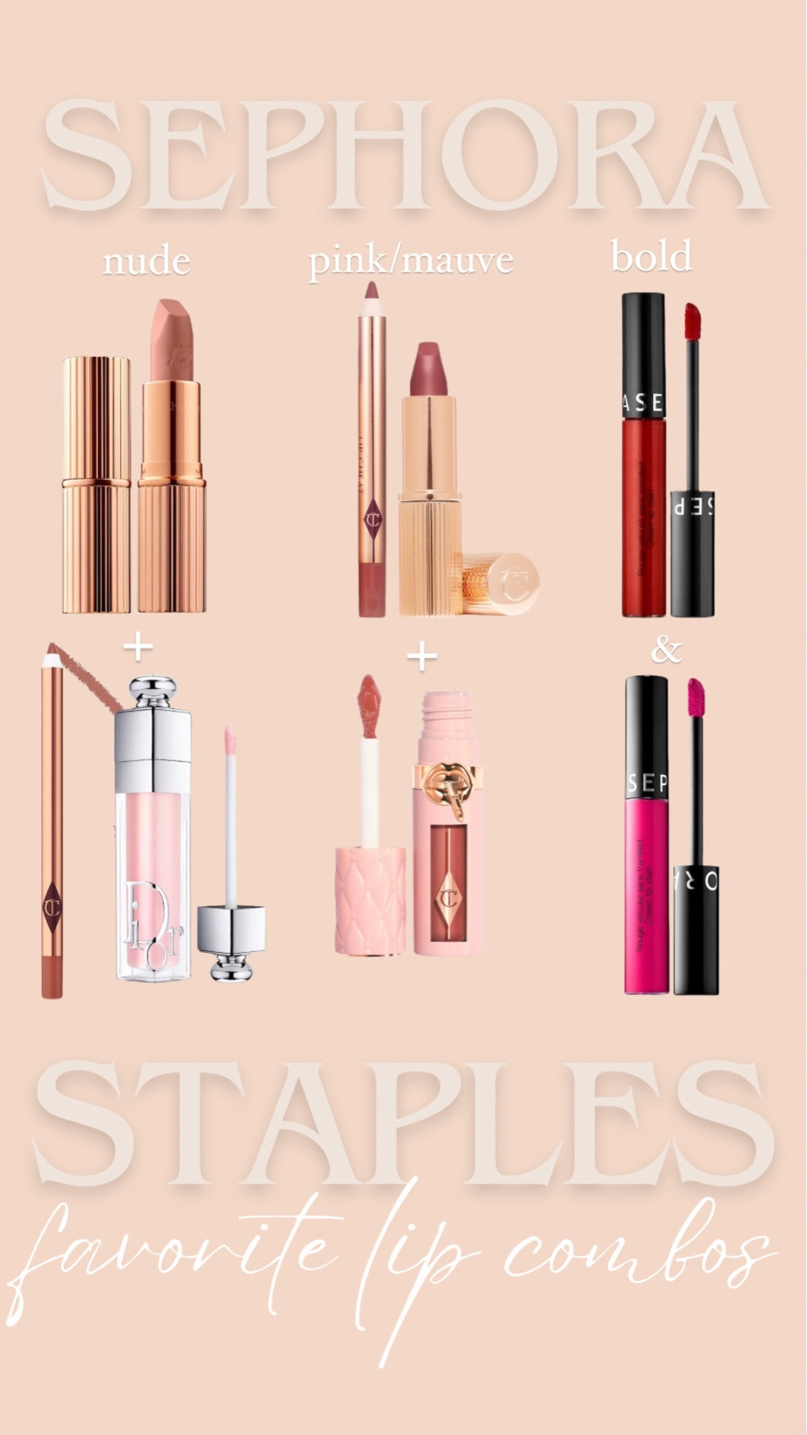 Lip combo FAVS.. code YAYSAVE for 20% off the Sephora sale!

Nude- 
Charlotte Tilbury lipstick in “KKW”
Iconic Nude liner
Dior gloss in 001 pink

Pink/Mauve/Berry:
Charlotte Tilbury Pillow talk lipstick and matching liner
Charlotte Tilbury Plumping gloss in Fair/Medium

BOLD lips:
Sephora brand liquid lip stain in 01 (red) and 91 (hot pink)

#LTKxSephora #LTKsalealert #LTKbeauty