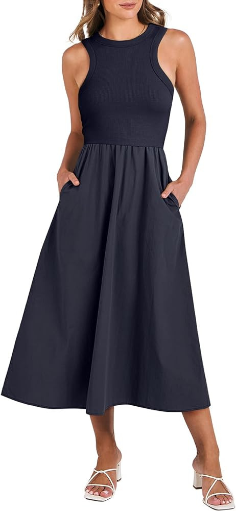 ANRABESS Womens 2025 Summer Casual Midi Sundress High Neck Patchwork Racerback Knit Tank Top Flow... | Amazon (US)