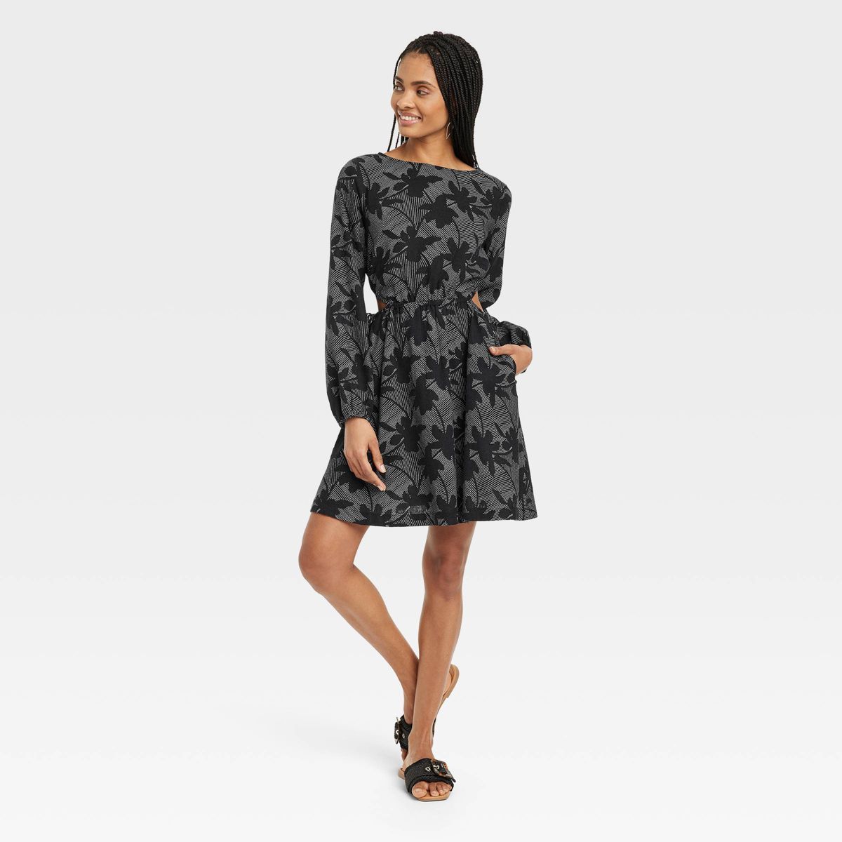 Women's Balloon Long Sleeve Mini A-Line Dress - Universal Thread™ Black Floral XS | Target