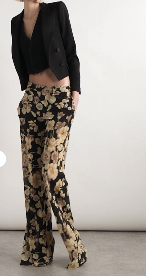 Saint Laurent Black And Beige Floral Wide Leg Silk Sheer Nwt Size 2/F34 | eBay US