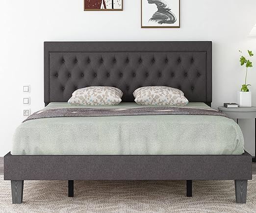 Benevika Queen Size Upholstered Platform Bed Frame with Linen Fabric Button Tufted Headboard, Woo... | Amazon (US)