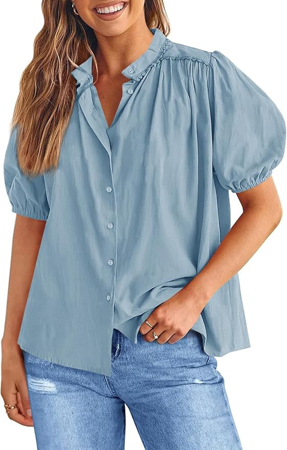 Tankaneo Womens Puff Sleeve Button Down Shirts Cotton Pleated Loose Fit Tops Summer Dressy Casual... | Amazon (US)