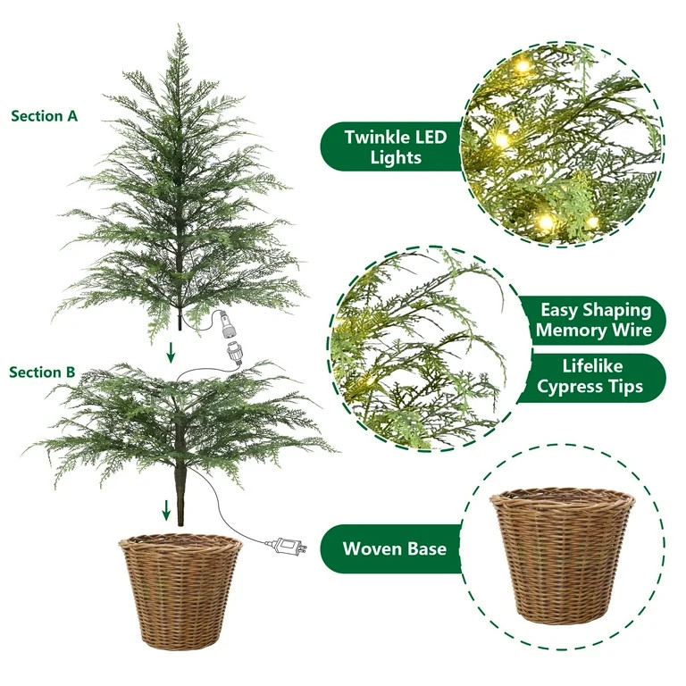 4' Pre-Lit Green Cypress Artificial Christmas Potted Tree with 100 Warm White Twinkle LED Lights,... | Walmart (US)