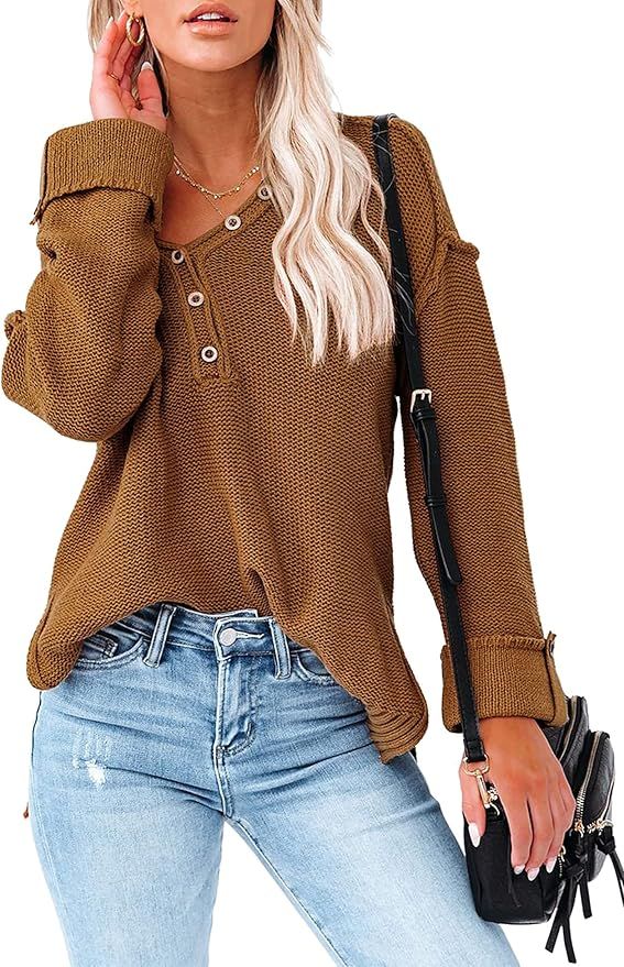 Chriselda V-Neck Button Henley Sweaters for Women Casual Loose Long Sleeve Pullover Knit Shirt | Amazon (US)