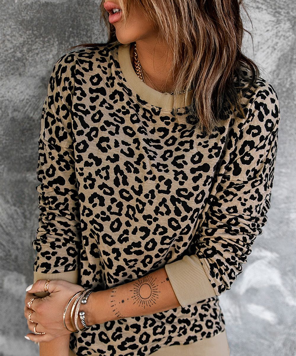 Zesica Women's Sweatshirts and Hoodies Leopard - Taupe Leopard Sweatshirt - Women | Zulily
