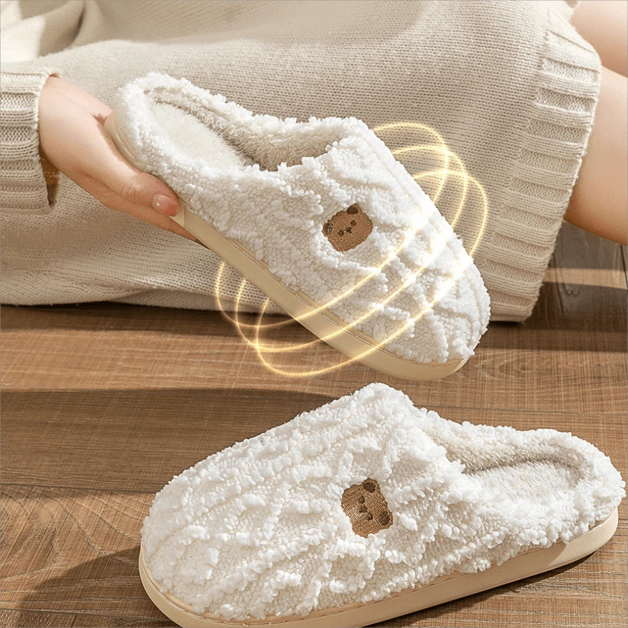 Cute Bear Plush Slippers, Women's Warm House Slippers, Soft , Anti-Slip Texture, Comfortable & Fluffy, Couple Shoes, Minimalist Style | SHEIN