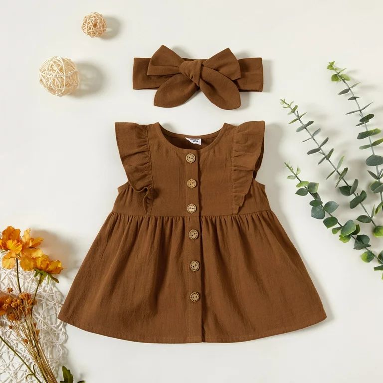PatPat Newborn Baby Girls Fultter Sleeveless Button Down Dress with Headband,Cotton Cute Dress In... | Walmart (US)