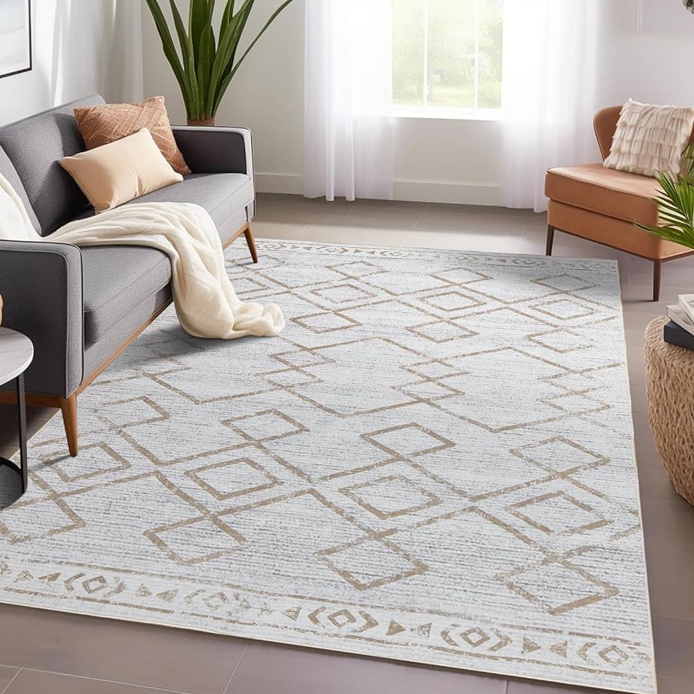 jinchan Washable Area Rug 5x7 - Moroccan Rug Bedroom Taupe Rug Stain Resistant Non Slip Thin Mode... | Amazon (US)