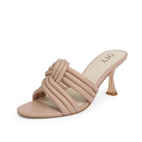 QIY Nude Mules for Women Nude Heels Heeled Mules Sandals Open Toe Knot Heels Slip On Nude Sandals Summer Dress High Heels Size 7 | Amazon (US)
