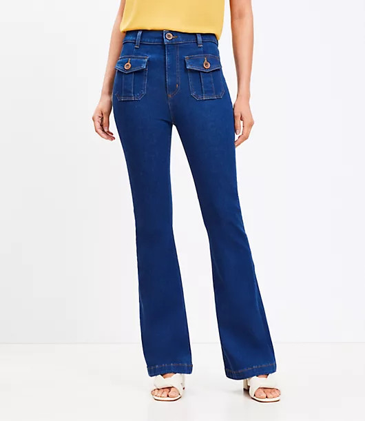 Loft High Rise Patch Pocket Slim Flare Jeans in Dark Wash | LOFT