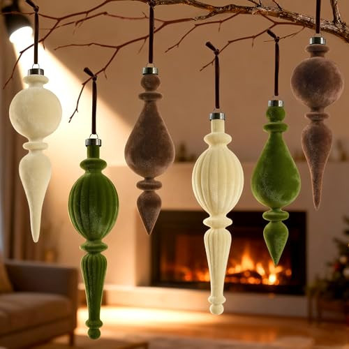 6 Pcs Velvet Finial Christmas Tree Ornaments - Velvet Pendants Shatterproof Flocked Christmas Ball Ornaments Hanging Vintage Decorations for Xmas Tree Holiday Decorations (Brown, Green, Cream) | Amazon (US)