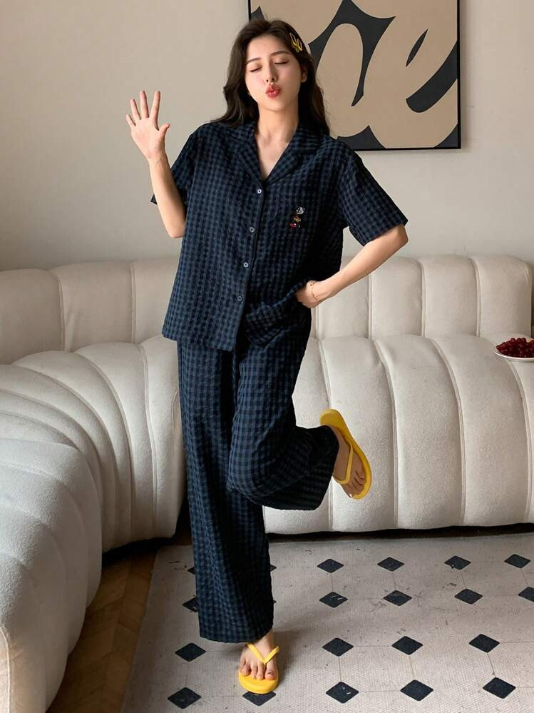DAZY Checked Cartoon Embroidered Short Sleeve Top And Long Pants Pajama Set With Front Button | SHEIN
