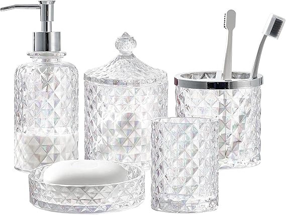 Set of 5 Glass Bathroom Accessories Set Include Soap Dispenser & Tumbler & Soap Dish & Toothbrush... | Amazon (US)