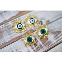 Evil Eye Beaded Stud Earrings Gold Blue Green | Etsy (US)