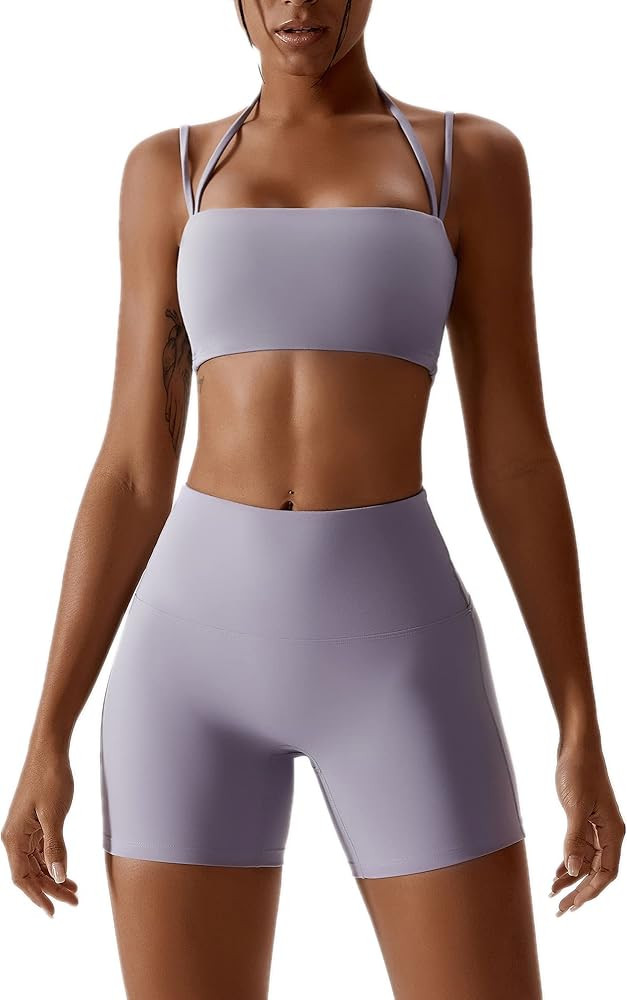 ABOCIW Workout Sets for Women 2 Piece Twist Front Halter Sports Bras High Waist Booty Shorts Exer... | Amazon (US)