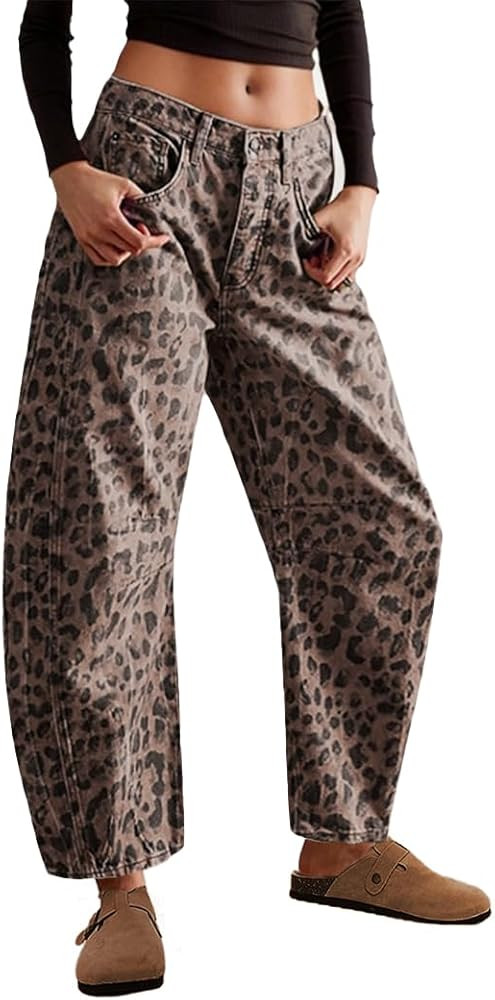 Mid Rise Leopard Print Barrel Jeans for Women Stylish Boyfriend Wide Leg Baggy Denim Pants Trendy... | Amazon (US)