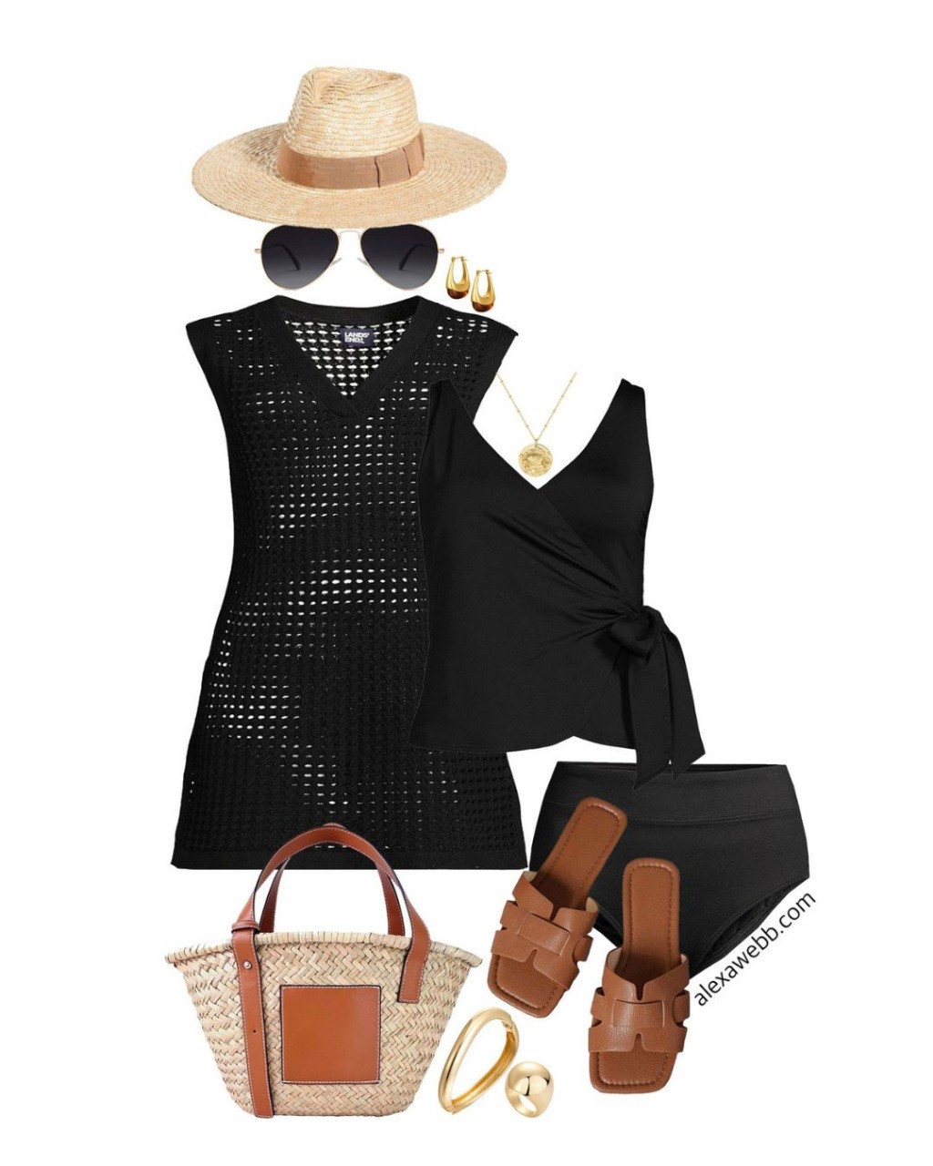 Plus Size Chic Black Swimwear -  plus size black side tie tankini with a black mesh swim cover-up, straw bag, and flat sandals. Alexa Webb #plussize

#LTKPlusSize #LTKStyleTip #LTKSwim