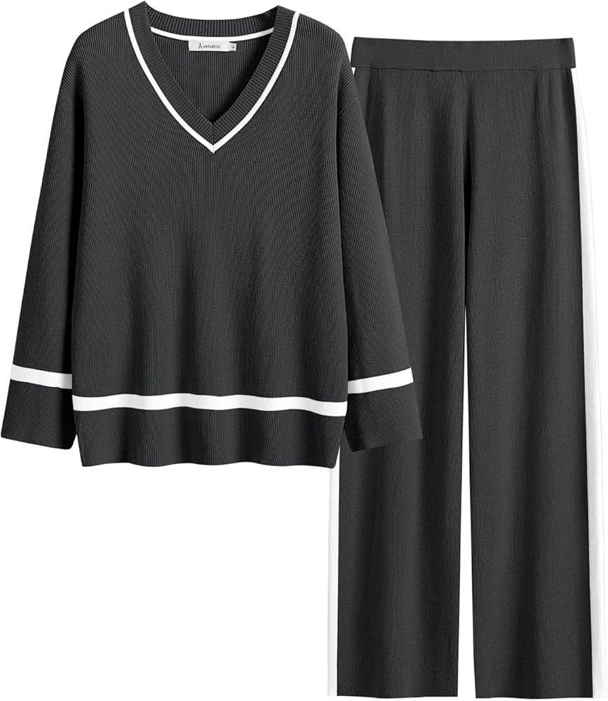 ANRABESS Women's 2 Piece Outfits Long Sleeve V Neck Knit Sweater Top and Wide Leg Pants Lounge Sets  | Amazon (US)