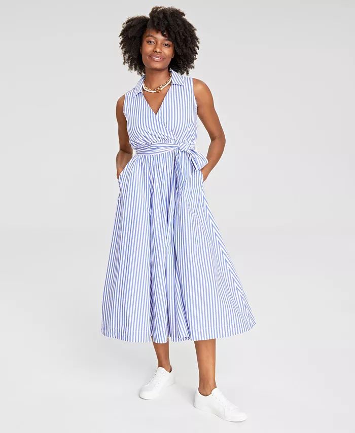 On 34th Women's Striped Collared Wrap Midi Dress, Created for Macy's - Macy's | Macy's