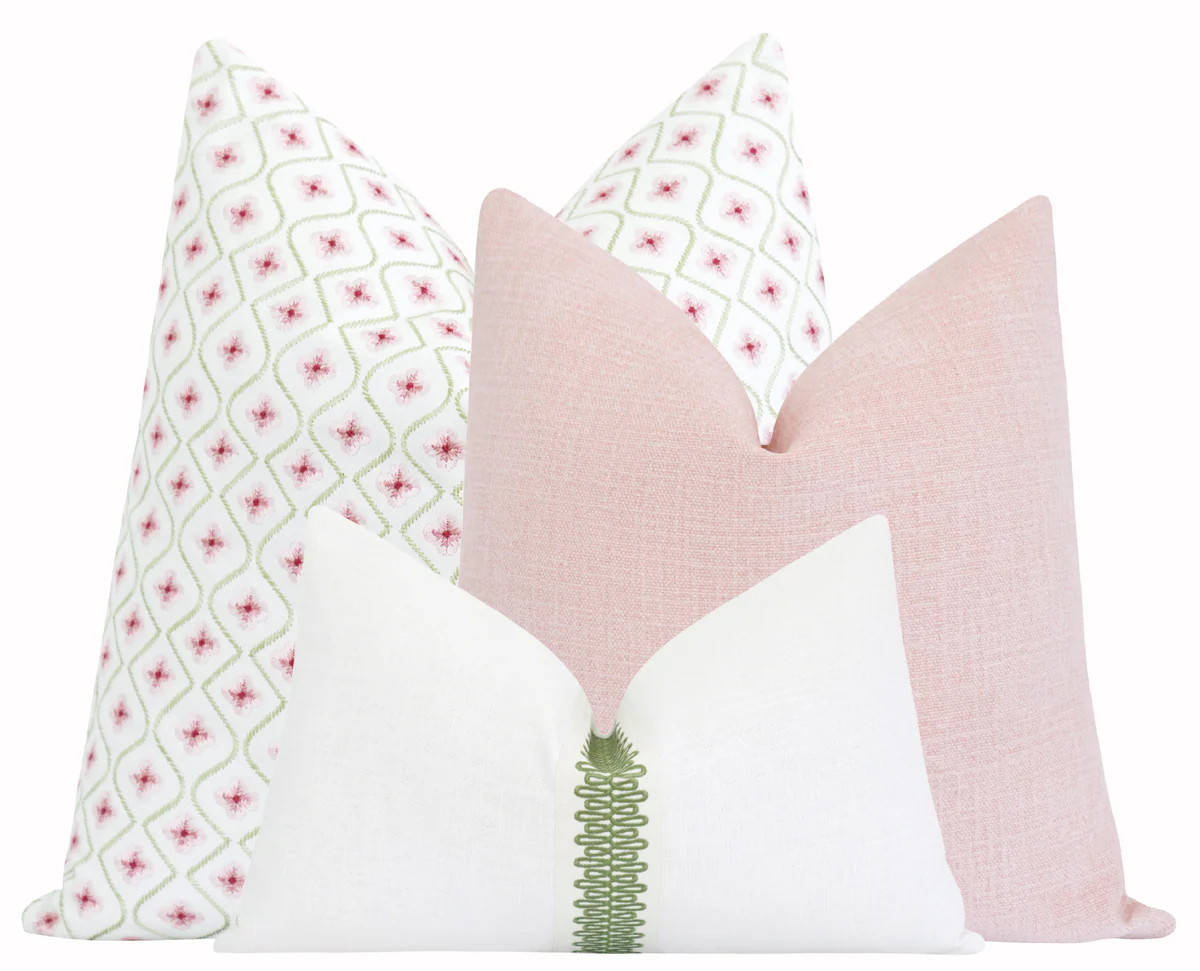 Pink Floral & Green Stripe Pillow Set White Linen Lumbar 3pc | Land of Pillows