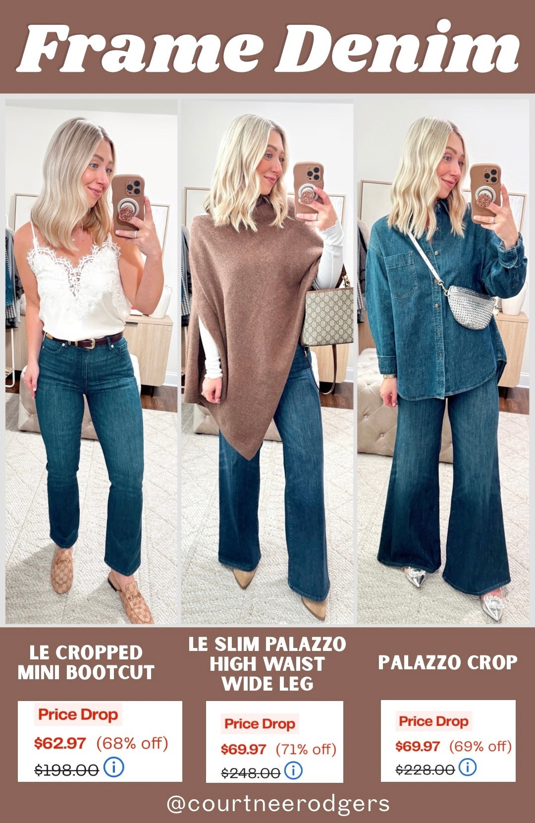 My favorite jeans are on Sale! ALL DETAILS BELOW! ⬇️ 
👖 Photo 1: LE CROPPED MINI BOOTCUT (color: guilty)
👖 Photo 2: LE SLIM PALAZZO
HIGH WAIST WIDE LEG (color: guilty)
👖 Photo 3: PALAZZO CROP (color: guilty)

Size 26 in all jeans, they run big, I’m normally a 27! Sweater XS white tank, size XS denim shirt 

5’4” for reference 

Frame denim, designer jeans, Nordstrom rack 

#LTKHoliday #LTKFindsUnder100 #LTKgrwm