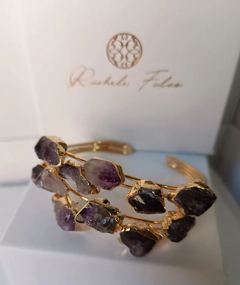 Gold Bangle Bracelet with Natural Raw Amethysts, Adjustable Band Cuff Bracelet, Purple Raw Stone ... | Etsy (Global)