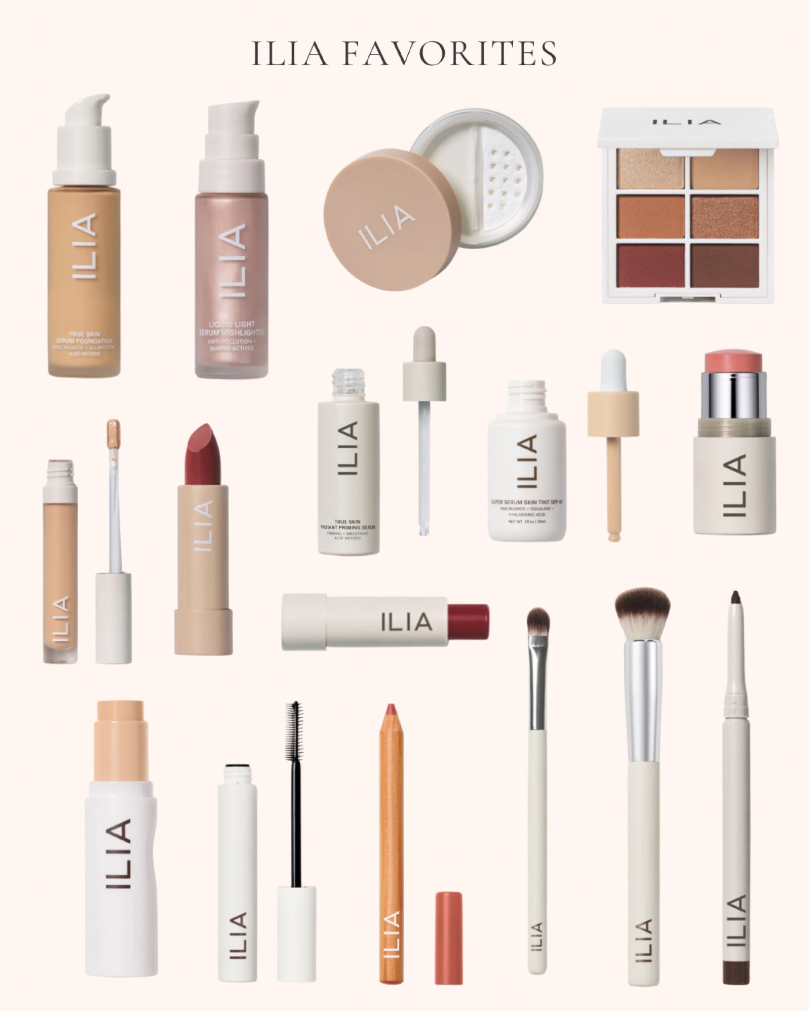 Ilia favorites. Makeup. Skincare. Light, warm neutral makeup. Color lock lipstick. The necessary eyeshadow palette. Liquid light serum highlighter. Eyeshadow brush. Foundation brush. Soft focus setting powder. Clean line gel liner. Balmy tint hydrating lip balm. True sling radiant priming serum. True skin serum concealer. True skin serum foundation. Multi stick blush and lip balm combo. Lip sketch hydrating crayon lip liner. Limitless lash mascara in soft black. Super serum skin tint spf 40. Skin rewind complexion stick  

#LTKOver40 #LTKBeauty #LTKFindsUnder50