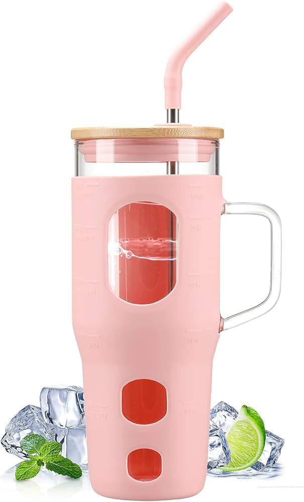 32 oz Glass Tumbler with Lid and Straw,Glass Water Bottles with Handle,Glass Cup with Time Marker... | Amazon (US)
