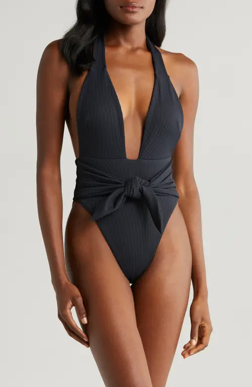 MONTCE Tropez Tie Waist Halter One-Piece Swimsuit in Black Rib at Nordstrom, Size Large | Nordstrom