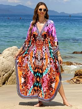 Kaftan Dresses for Women Plus Size V-Neck Moo Moos Batwing Kaftan Beach Dress Bathing Suit Cover-... | Amazon (US)
