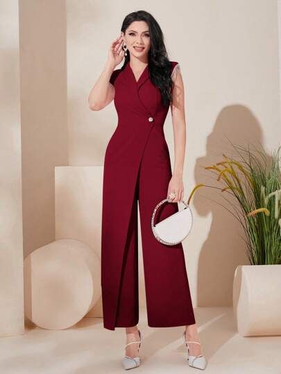 SHEIN Modely Solid Button Front Shawl Collar Wrap Hem Jumpsuit | SHEIN