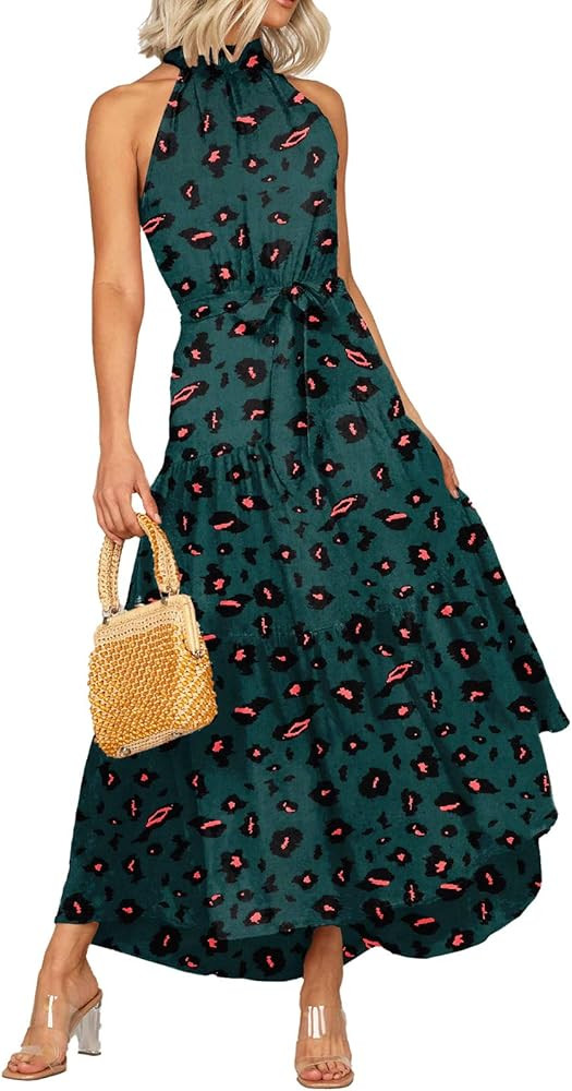 PRETTYGARDEN Women’s Casual Halter Neck Sleeveless Floral Long Maxi Dress Backless Loose Ruffle Sund | Amazon (US)