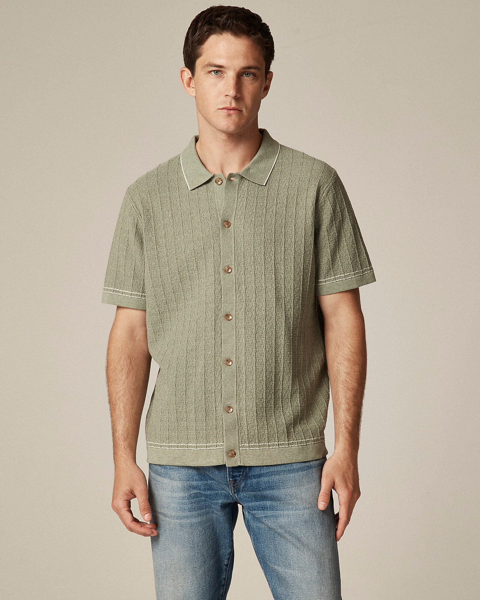 Short-sleeve cotton texture-stitch polo cardigan sweater | J. Crew US