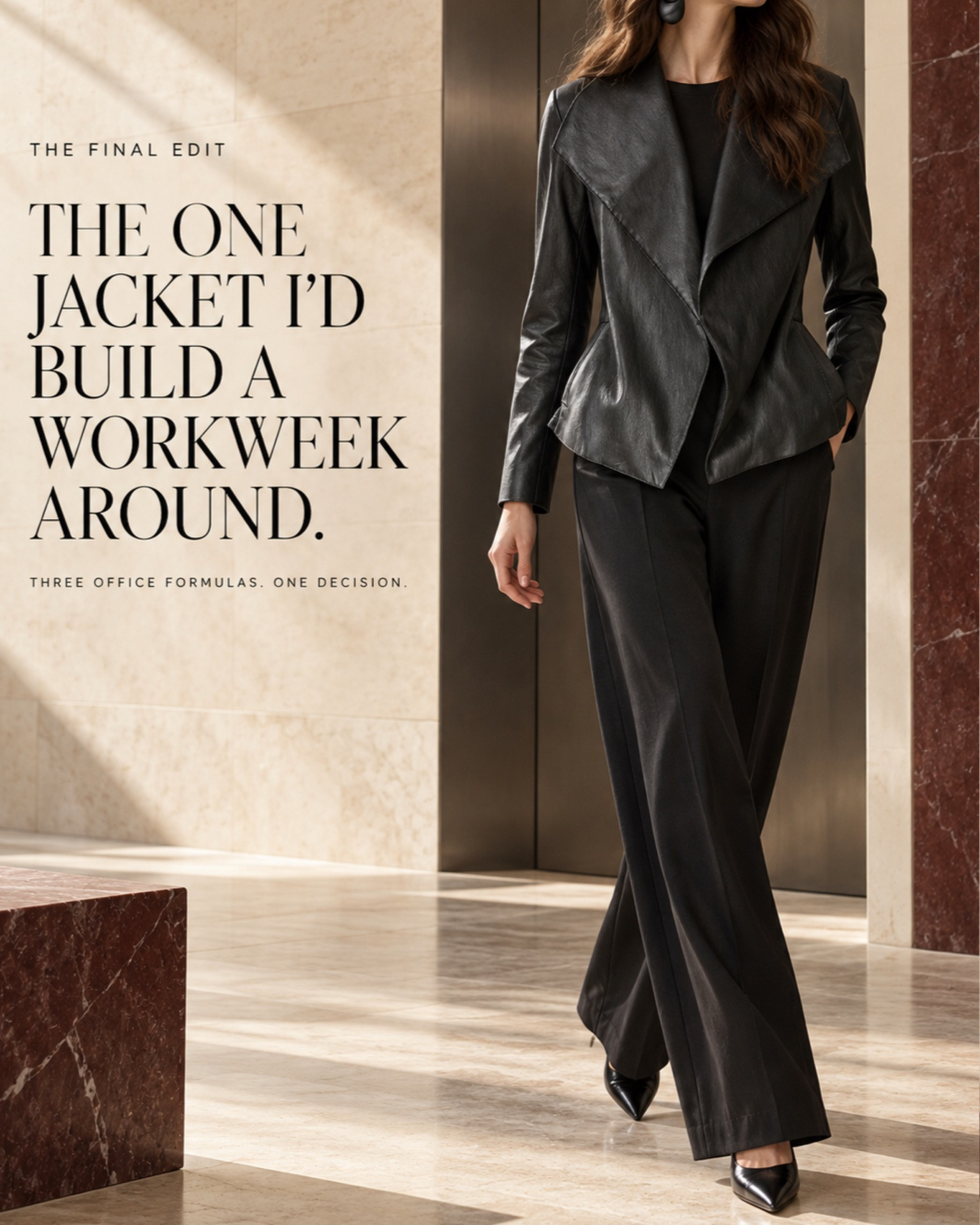 The real test of a statement jacket isn’t whether it photographs well.

It’s whether it can work three days without repeating the same message.

This one passed.

MONDAY
Black jacket + charcoal wide-leg trousers + pointed pumps
The leadership formula.

WEDNESDAY
Black jacket + ivory trousers + pointed slingbacks
Same structure. Softer contrast.

FRIDAY
Black jacket + oxblood column skirt + slingbacks
The desk-to-dinner formula.

Why it earned my recommendation: the wrap front defines the line, the sculpted shape gives presence, and the faux-leather finish does the work of a blazer without looking like another blazer.

The honest checkout note: it’s dry clean only, and it isn’t for someone wanting a soft, casual layer. But if your work wardrobe needs one strong alternative to traditional tailoring, this is the piece I’d choose from Macy’s designer drop.

The exact jacket is linked in my LTK storefront.

Which formula would you wear first: Monday, Wednesday, or Friday?

Affiliate links may earn me a commission at no additional cost to you.

#MacysStyle #ExecutiveWorkwear #OfficeStyle #WorkwearStyle #LTKFashion