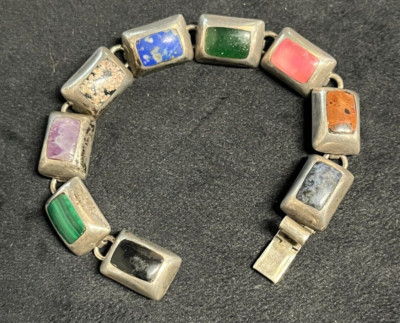 925 Sterling Silver MEXICO Taxco TZ-13 Chunky Multi Gemstone Inlay Link Bracelet | eBay | eBay US