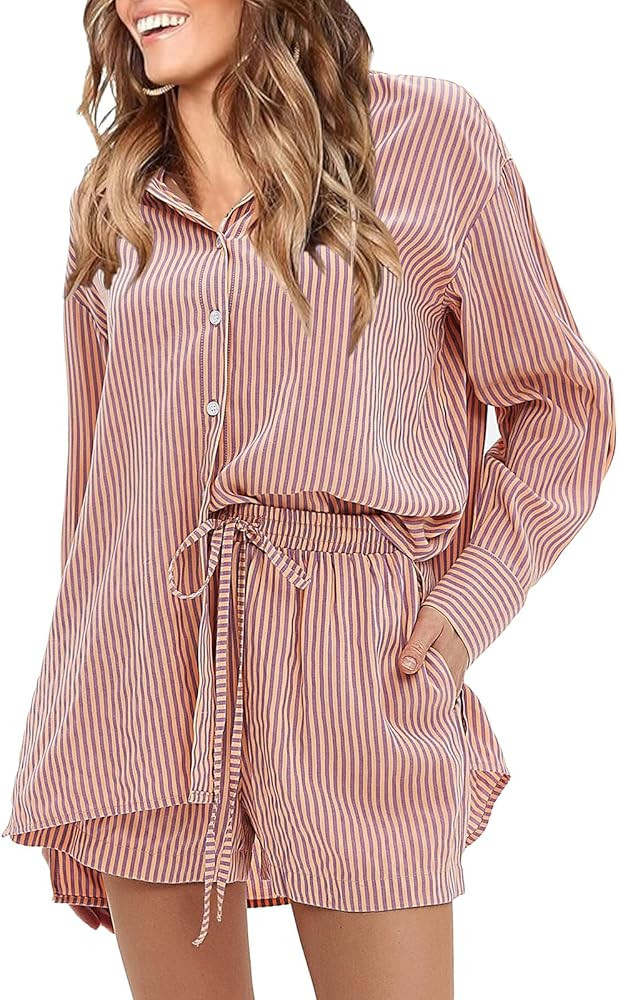 EXLURA Women's Cotton Summer 2 Piece Sets Long Sleeve Button Down Shirts Matching Short Sets Beac... | Amazon (US)