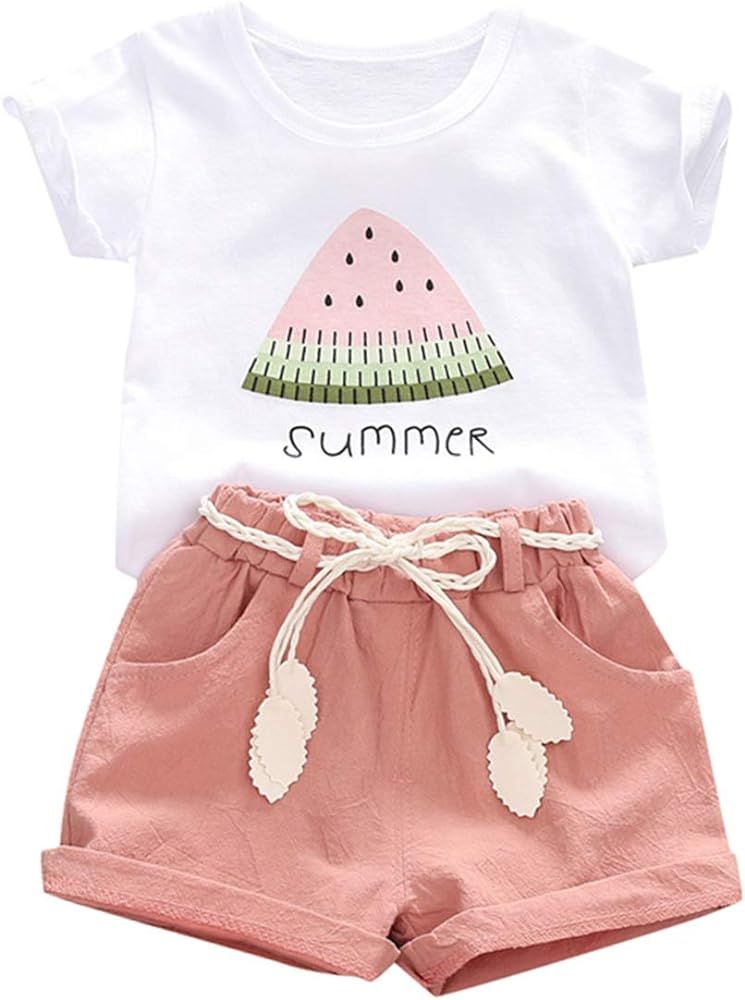 YOUNGER TREE Toddler Baby Girls Clothes Watermelon T-Shirt + Linen Shorts with Belt Cute Summer Shor | Amazon (US)