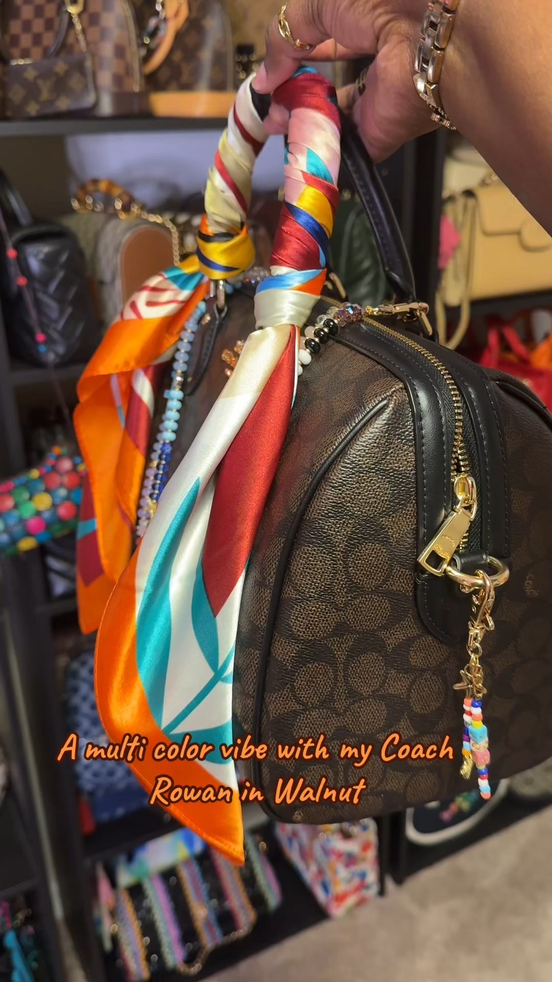 Coach outlet large Rowan in walnut with a colorful twist to it ! #coachrowan #coachoutlet 