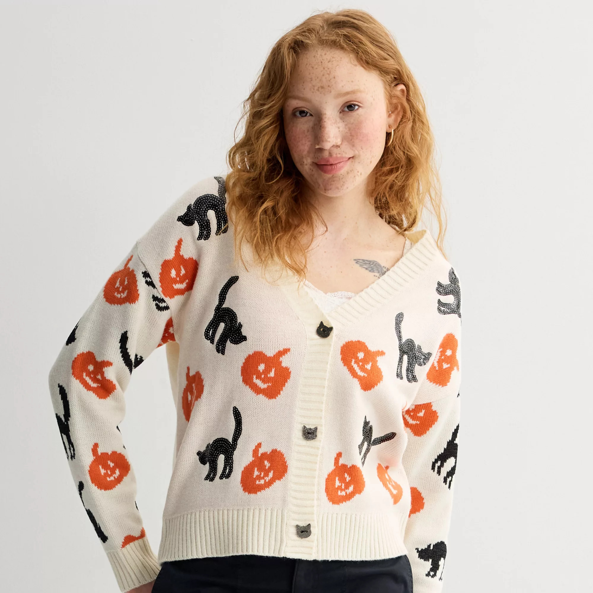 Women's Jollidays Pumpkin & Black Cat Button Front Sweater Cardigan | Kohl's