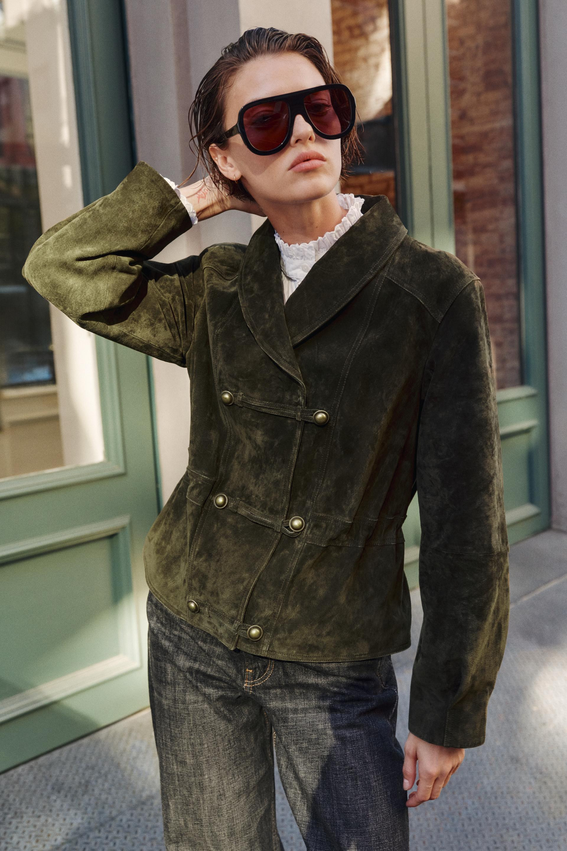 Zara - 100% Leather Frog Fastening Jacket - Khaki - M - Woman | Zara US