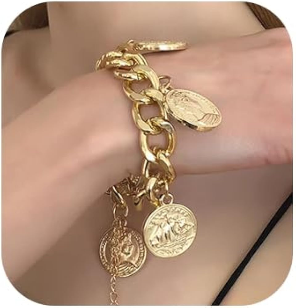 Chunky Chain Dangle Bracelet Punk Cuban Curb Link Chain Bangle Vintage Gold Moroccan Coin Stateme... | Amazon (US)