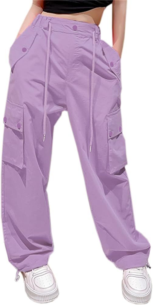 Cromoncent Girls&Womens High Waist Parachute Pants Y2K Cargo Trousers with Pockets 6 Years-Women ... | Amazon (US)