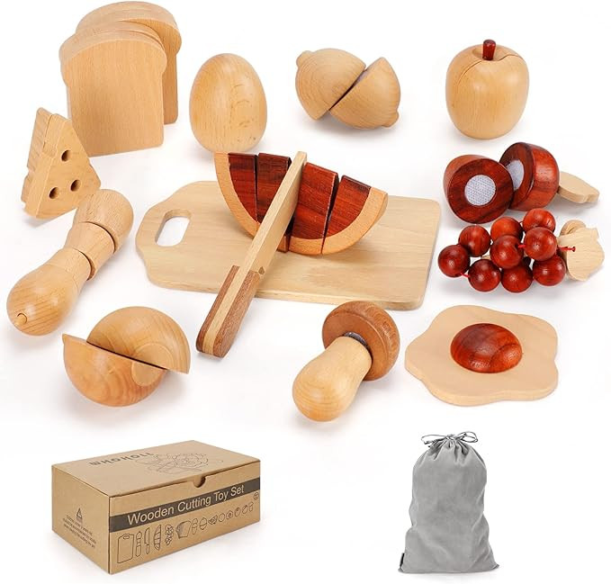 WHOHOLL Wooden Play Food, Toddler Cutting Play Food Sets for Kids Kitchen, Velcro Fake Food Fruit... | Amazon (US)
