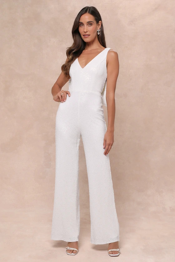 Feeling Sparkly White Sequin Bow Wide-Leg Jumpsuit | Lulus