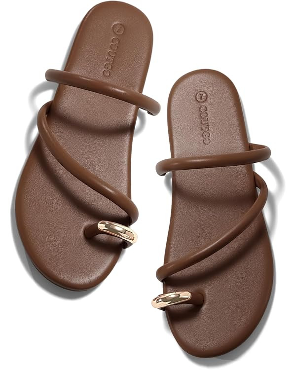 Coutgo Womens Strappy Flat Sandals Square Open Toe Flip Flops Slides Toe Ring Summer Dress Shoes | Amazon (US)