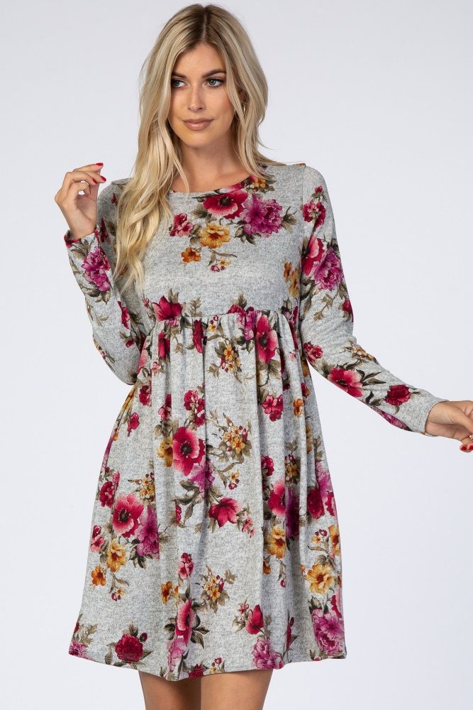 Heather Grey Floral Knit Long Sleeve Dress | PinkBlush Maternity