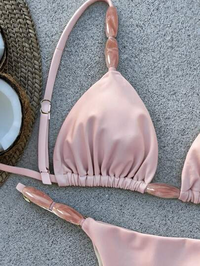 Bikinx Women's Elegant Bikini Set, Featuring Spaghetti Straps, Tie-Front, And Open Back Design With Knotted Details For A Fashionable Look Vacation Beach Pink Summer | SHEIN
