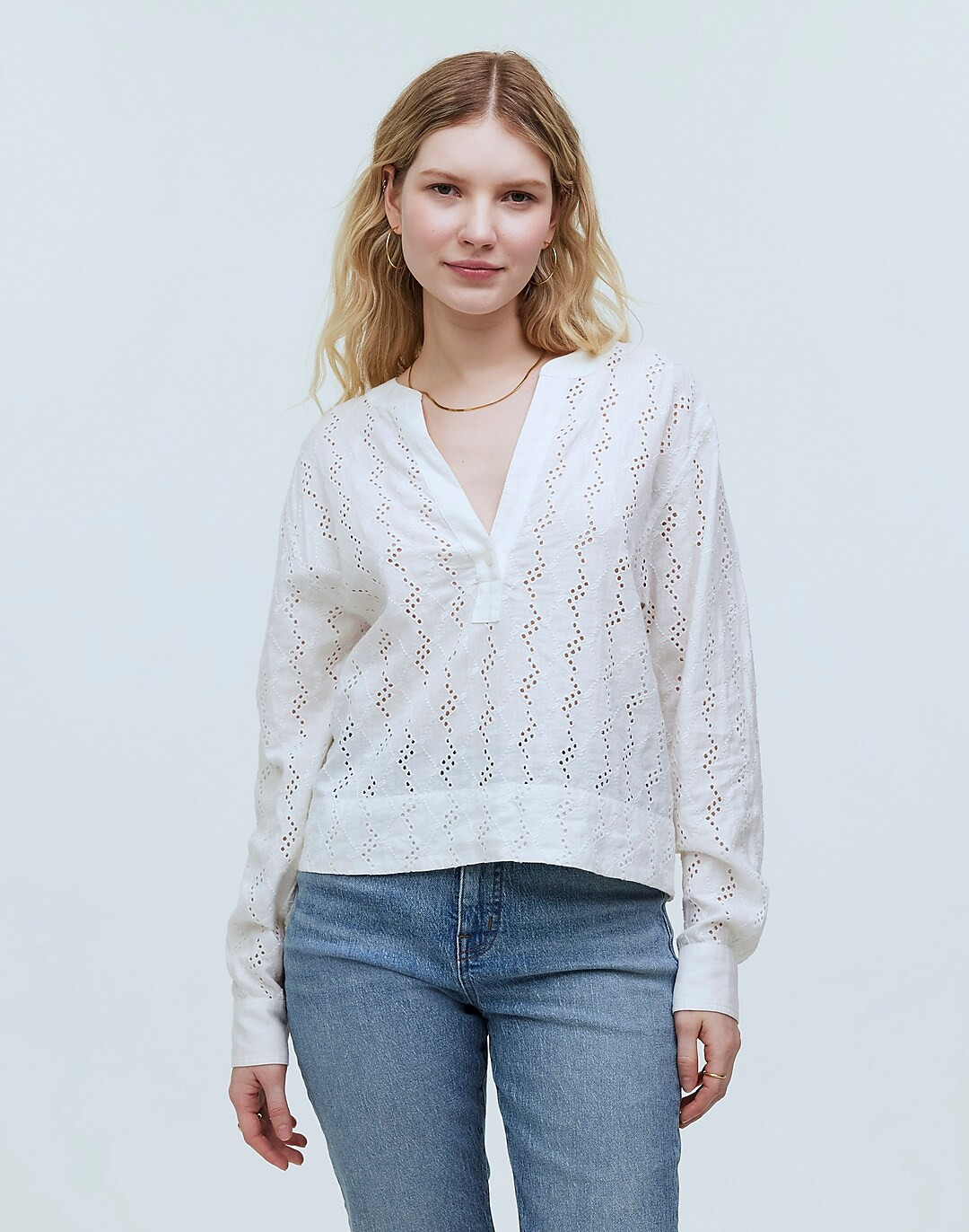Long-Sleeve Popover Top in Eyelet | Madewell