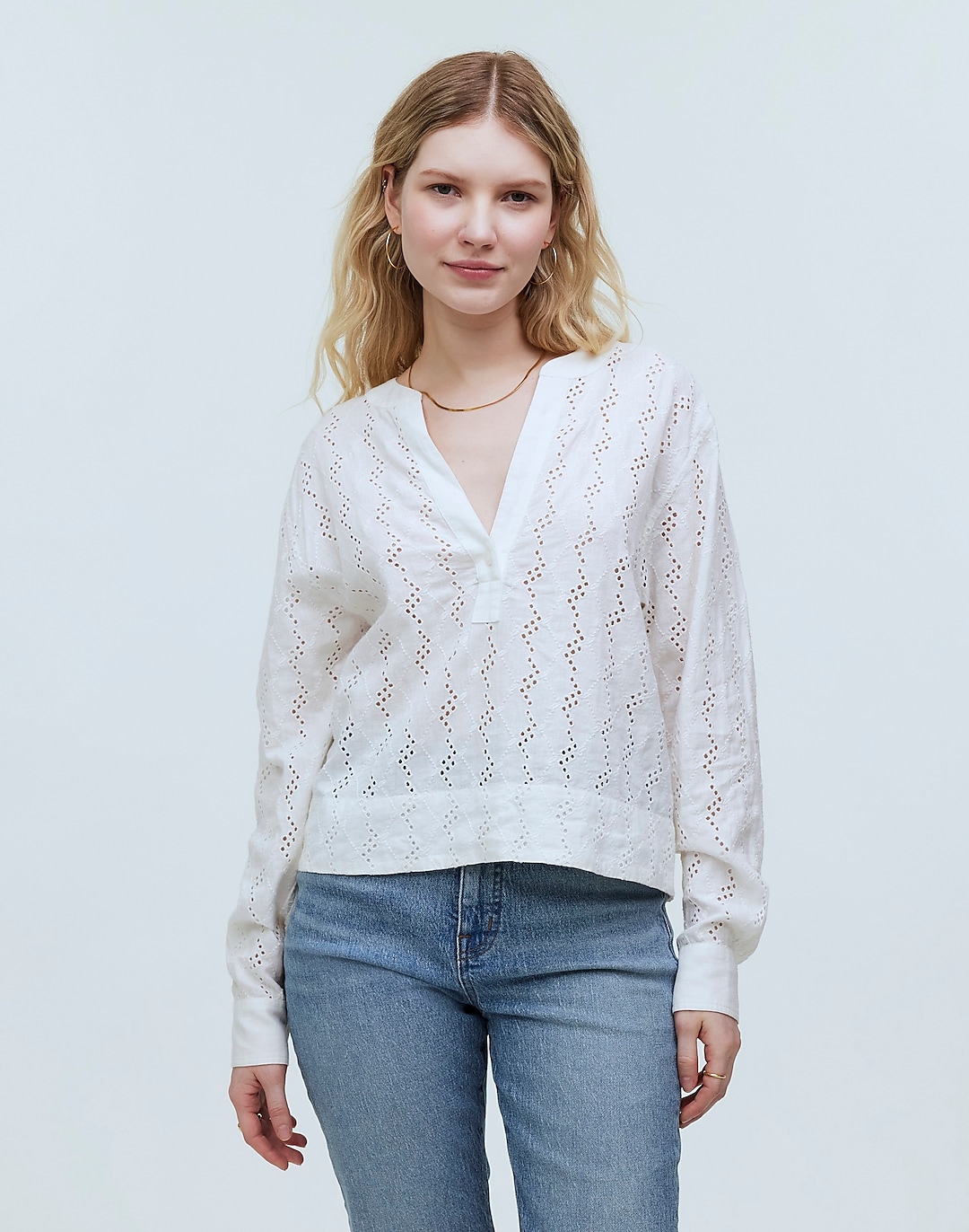 Long-Sleeve Popover Top in Eyelet | Madewell